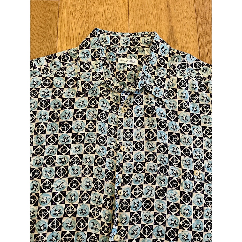 Burma Bibas Mens Large 100% Silk Abstract Geometric Floral Short Sleeve Shirt